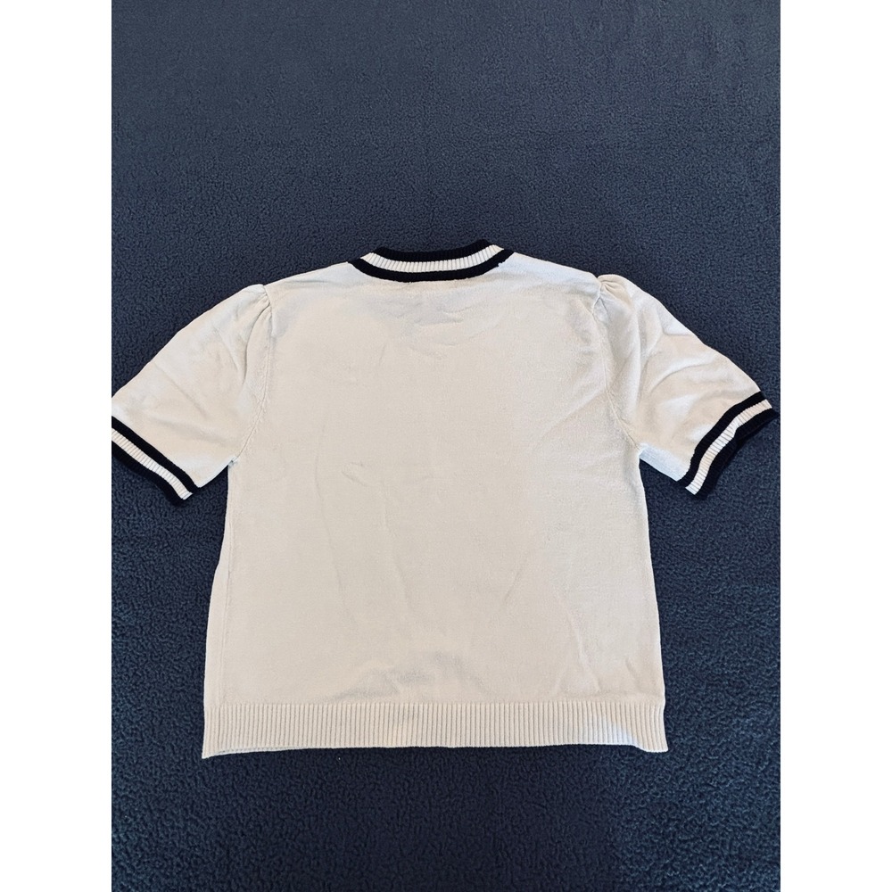 Forever 21 White Navy Tipped Puff Sleeve Knit Sweater Top Medium Preppy